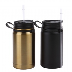 14 oz dual-wall stainless steel coffee mug with plastic cover with straw handle