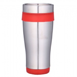 16OZ Double stainless steel coffee bottle with red silicone slip sleeve